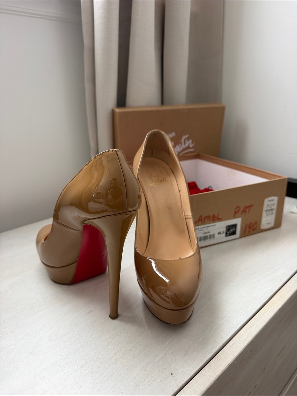 Christian Louboutin Bianca 140 Camel Patent Leather Platform Pumps Size 40.5